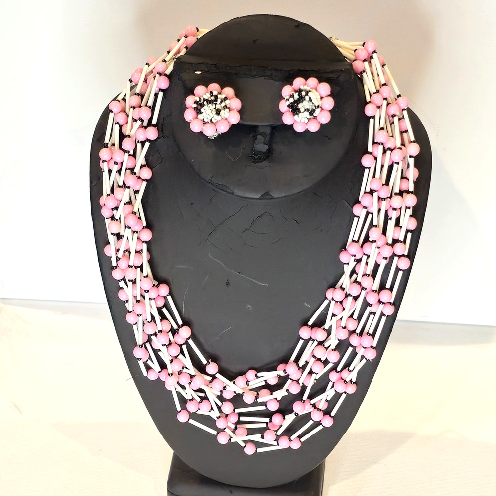 VTG Pink White Black Beaded Necklace and Clip‑On Earrings Set Multi‑Strand Japan