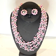 VTG Pink White Black Beaded Necklace and Clip‑On Earrings Set Multi‑Strand Japan
