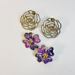 Vintage Y2K Flower Earring Set Purple Gold Floral Studs Whimsygoth Cottagecore