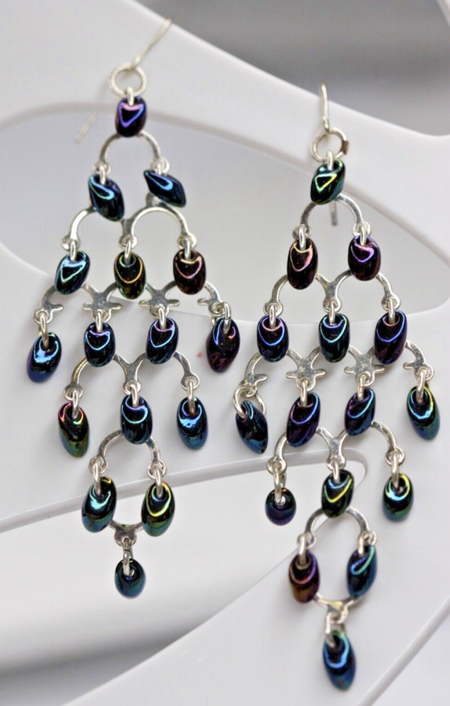 Silver Tone Iridescent Black Bead Earrings Pierced Dangle Drop Chandelier