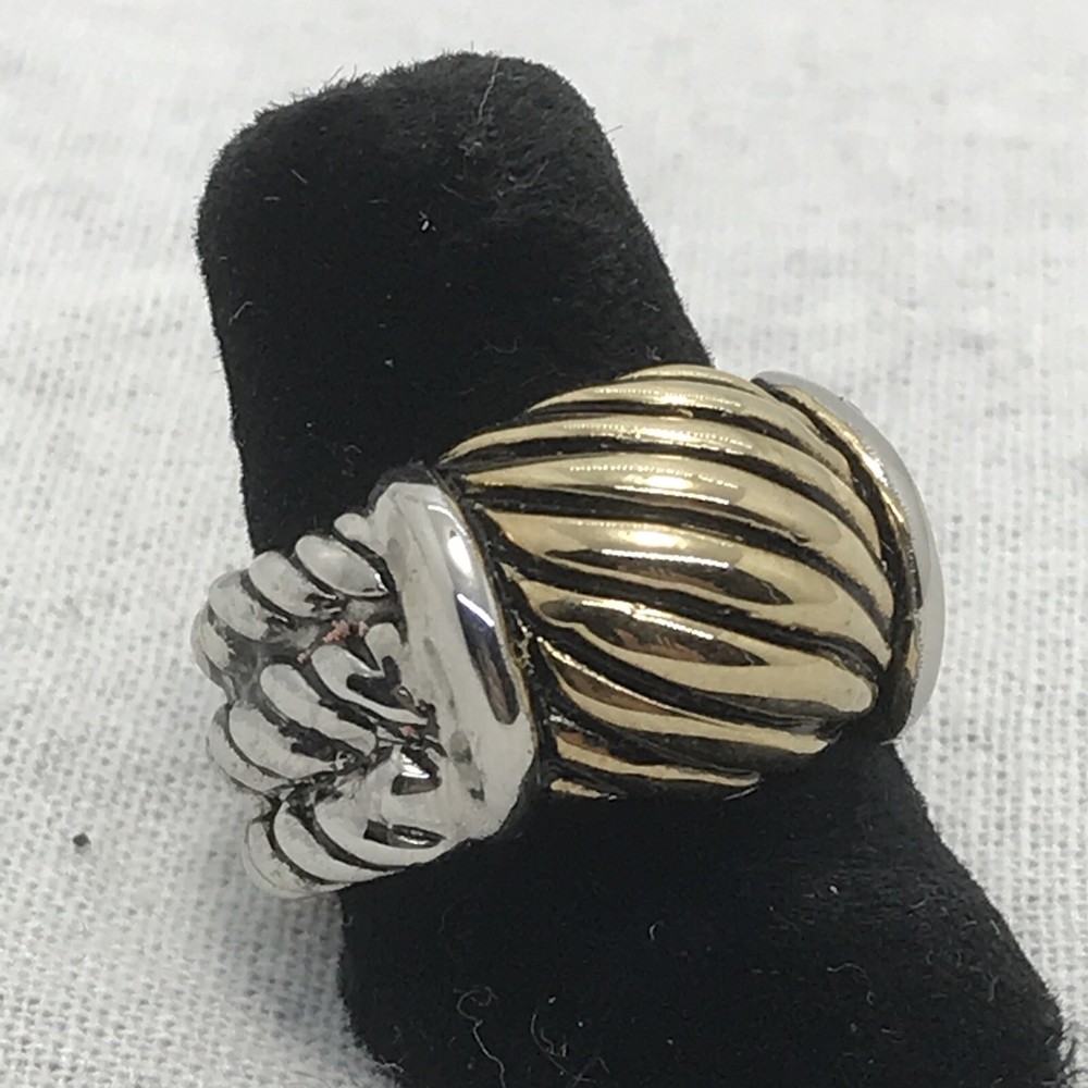 Vintage Two-tone SIlver/Gold Cable Design Ribbed Black Enamel Ring Varied sizes