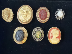 7 Vintage Unique Cameo Pins & Clips Plastic, Stone, Glass