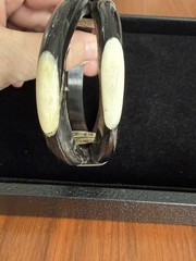 Vtg. Horn & Bone Hinged Bangle Bracelet w Repoussé Metal Pin Clasp