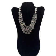 Vintage Metal Coin Disc Bib Necklace Silver Tone Multi Strand Choker 15 Inch