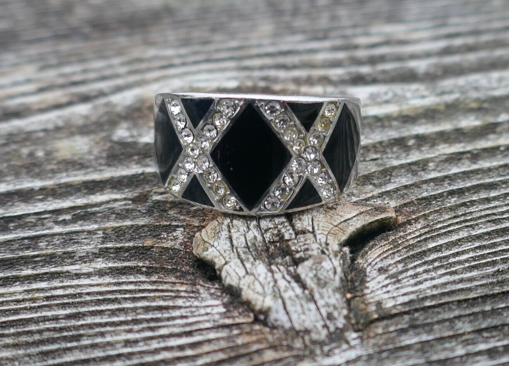 Vintage Sterling Silver Black Onyx & Cubic Zirconia Ring – Size 7.5