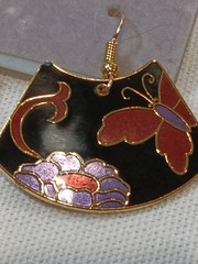 VTG 1970s SAMUEL HUANG CLOISONNE BUTTERFLY FLOWER FAN Drop Dangle EARRINGS