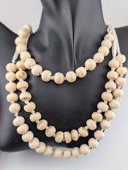 3-TIER COW BONE NECKLACE hand carved old beads on cream colored ribbon boho B5