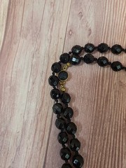 Vintage Made in Austria Black Glass Faceted Bead Necklace 56″ Hand Knotted