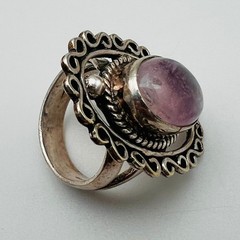 Vintage Filigree Ring Boho Silver Tone Purple Quartz Size 7 Statement Chic Mod