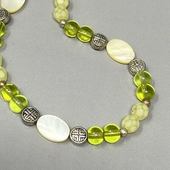 Dainty Glass Station Necklace Lime Green Druk Bead MOP Frosted Acrylic Faceted