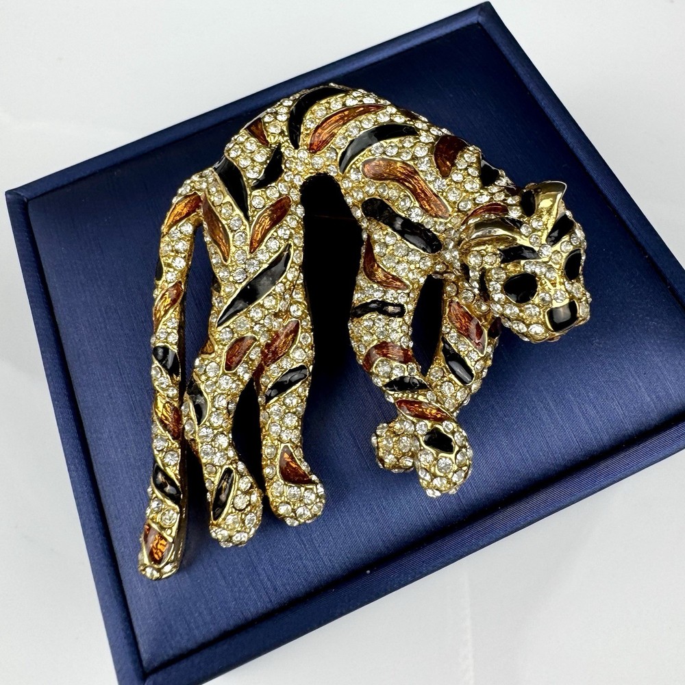 Vintage 1960’s Signed CINER Tiger Large Brooch Enamel Stripes Rhinestone