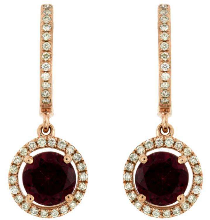 2.46CT DIAMOND & AAA RHODOLITE 14KT ROSE GOLD 3D HALO LEVERBACK HANGING EARRINGS