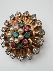 Vintage Rhinestone Brooch Gold Tone Pink Blue Pearl Sunburst Flower Pin 1950s