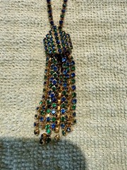 Vintage 1950’s Costume necklace And clip on earring Set Gold color Blue Green