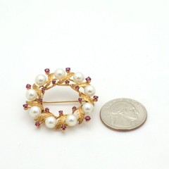 Vintage 1950’s 14K Yellow Gold Pearl & Natural Ruby Wreath Brooch-1.5” Diameter