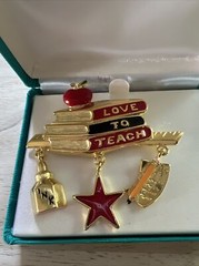 Tona Gold Tone Multicolor Enamel Book Stack And Dangling Charms Teachers Brooch