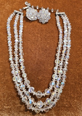 Vintage 8″ 3-Strand, Iridescent Beaded Choker And Matching Clip Earrings