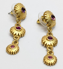 VTG Gold Tone Floral Dangle Drop Pink Purple Rhinestone Pierced Earrings 1 5/8″