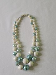 Vtg Aqua Blue & White Lucite Beaded Choker Necklace Signed Japan