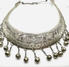 Vintage Miao Hmong Silver Ceremonial Necklace w Dangles, Etching