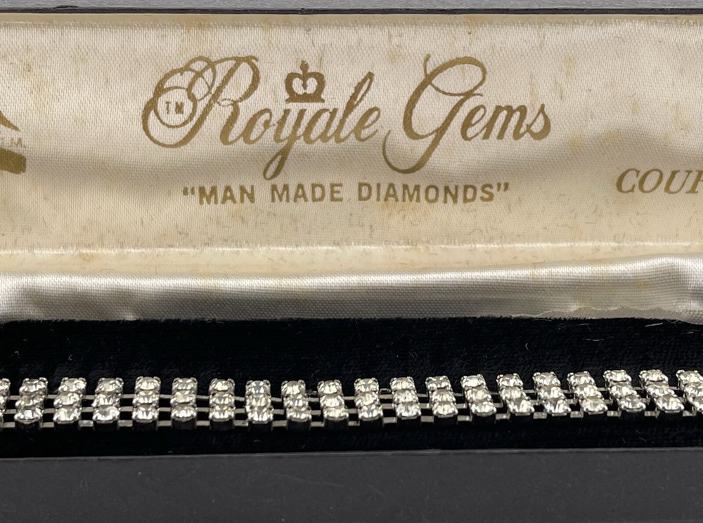 VINTAGE ROYALE GEMS MAN-MADE DIAMOND 3-ROW BRACELET – 6.75″ WITH BOX SPARKLY!
