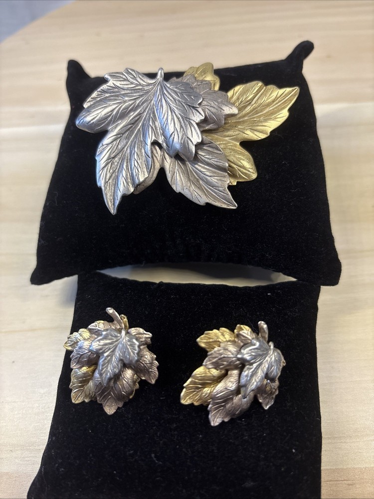 Leafs Brooch And Earrings Set, Three Tone