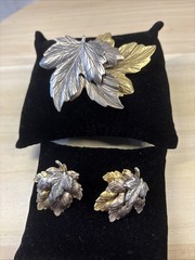Leafs Brooch And Earrings Set, Three Tone