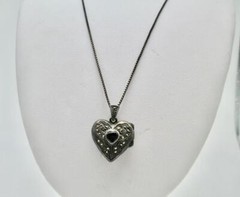 BLACK ONYS AND MARCASITE STERLING SILVER LOCKET PENDANT NECKLACE 18.5 INCH