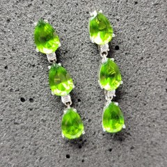 Vintage Green Quartz Pear Teardrop 3 Stone Line Dangle Earrings Silver 925 1.75″