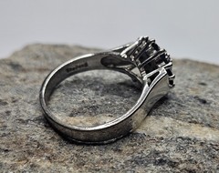 Vintage 925 Sterling Silver Dark Sapphire Cluster Deco Style Ring Size 8.5in