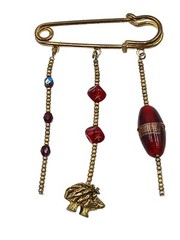 Cute Hedgehog Safety Pin Brooch Gold Tone Dangle Red Beads 3 1/4″ Vintage Fun