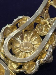 Vintage Signed HOBE Gold Tone & Faux Pearl Rhinestone Hinged Clamp Bracelet Sz M