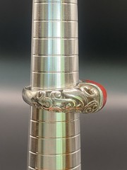 Sterling Silver Filigree Ring Red Coral Oval Cabochon Bezel Set Band 4mm .