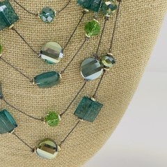 Necklace Green Blue Acrylic Glass Beads Black Wire Like Chain 11″ Faceted