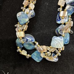 Vintage Triple Strand Pearlized Blue Stone Beaded Necklace 18″