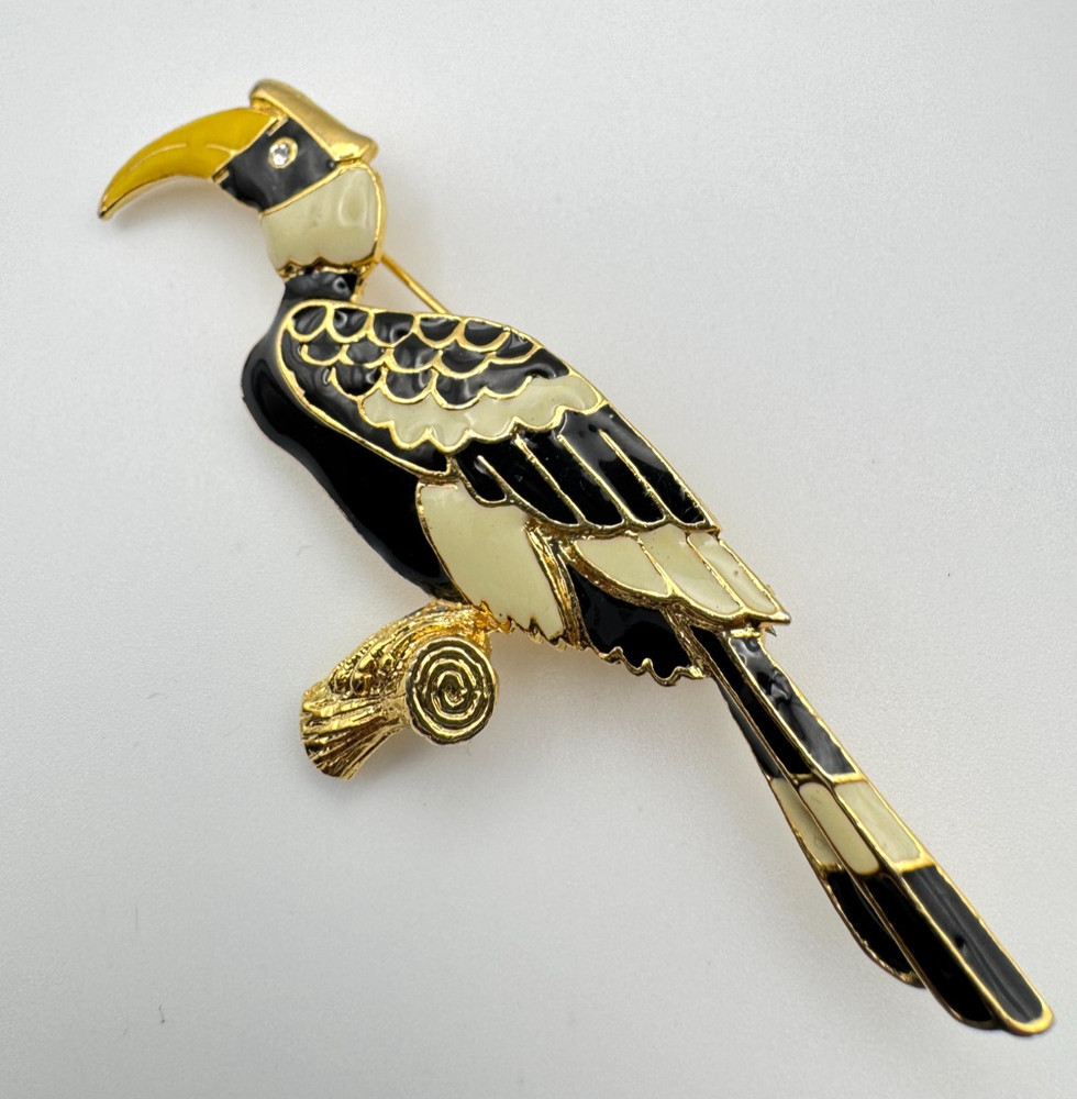 Vintage Bird Brooch Black Enamel Hornbill Toucan Rhinestone Eye Figural Animal