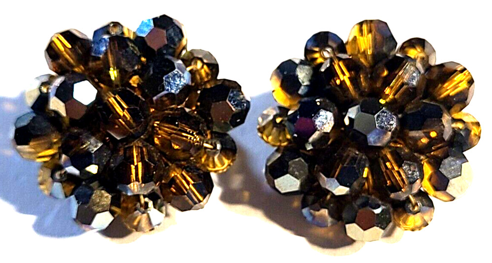 VINTAGE STUNNING GOLD SILVER TONE AMBER COLOR FACETED GLASS CLIP ON EARRINGS