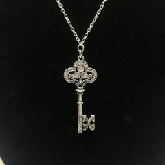 Vintage Style Silver Key Necklace with Rhinestones Handmade