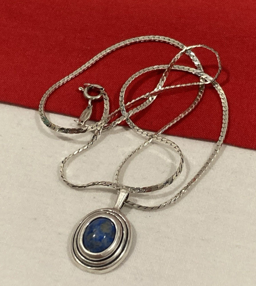Vintage 925 Sterling Silver Signed Blue Agate Pendant & Chain Necklace 17.75”