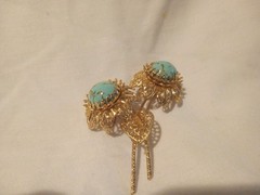Gold Tone Aqua Blue Marbled Stone Flower Brooch 2 3/4 In. Unique!