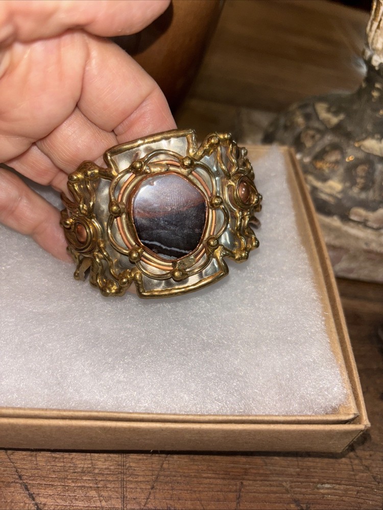 Vtg Mixed Metals Agate Stone Hammered Brutalist Style Cuff Bracelet
