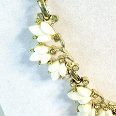 Vintage 50s Bogoff Necklace White Milk Glass Rhinestones Goldtone 16″ Adjustable