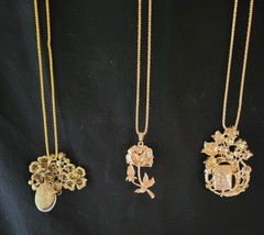 Lot of 3 Vintage Style Statement Necklaces 28″ Gold Tone Floral Rhinestone Pearl