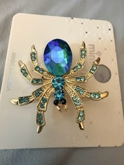 Aqua Rhinestone Gold Tone Spider Brooch