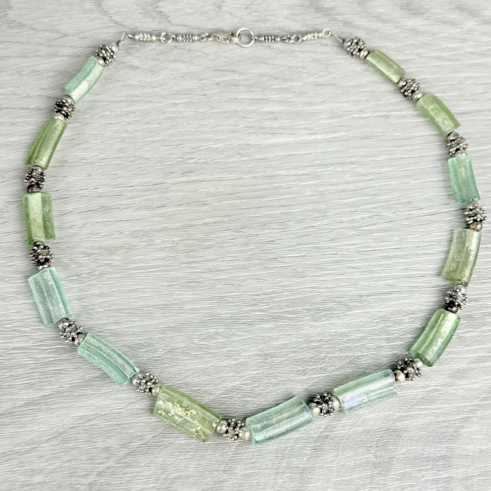 Vintage Sterling Silver Iridescent Green Roman Glass & Beaded Necklace Boho Chic