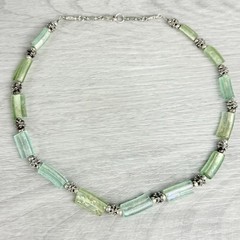 Vintage Sterling Silver Iridescent Green Roman Glass & Beaded Necklace Boho Chic