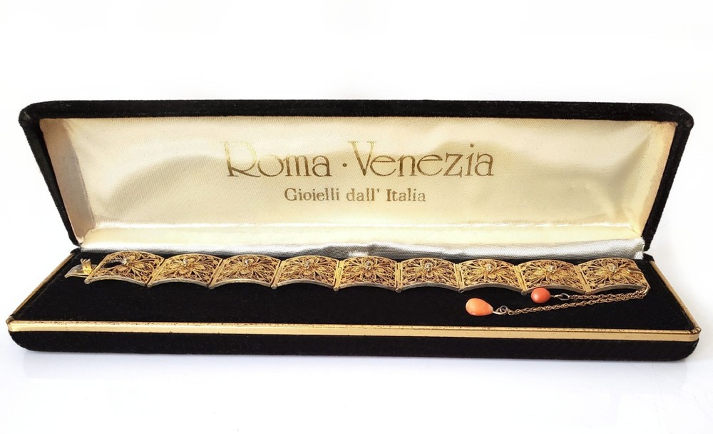 Antique Italian Gilt Silver Filigree Panel Bracelet, Natural Salmon Coral Drops