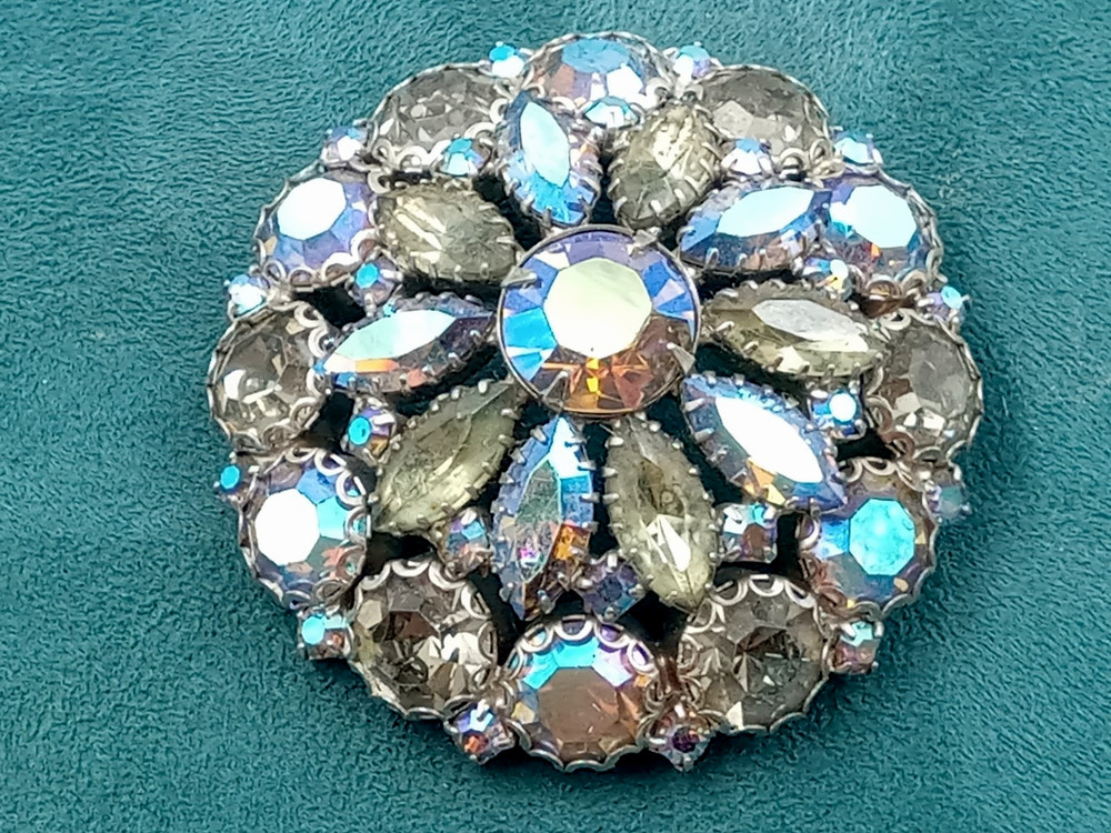Stunning 2.25″ Diameter Circular 3 Level Rhinestone Costume Jewelry Pin