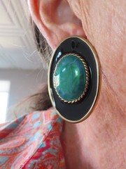 Vintage 1980’s Gold Tone Black w/Teal & Green Oversize Pierced Earrings