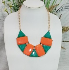 Vintage Orange and Green Acrylic Geo Tile Mosiac Bib Gold Tone Choker Necklace